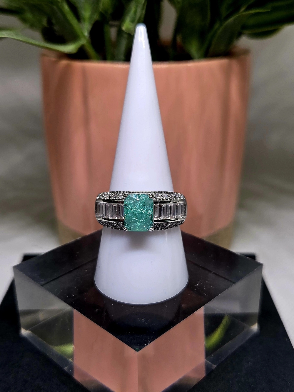 Emerald Green Center Stone Pavé & Baguette Ring